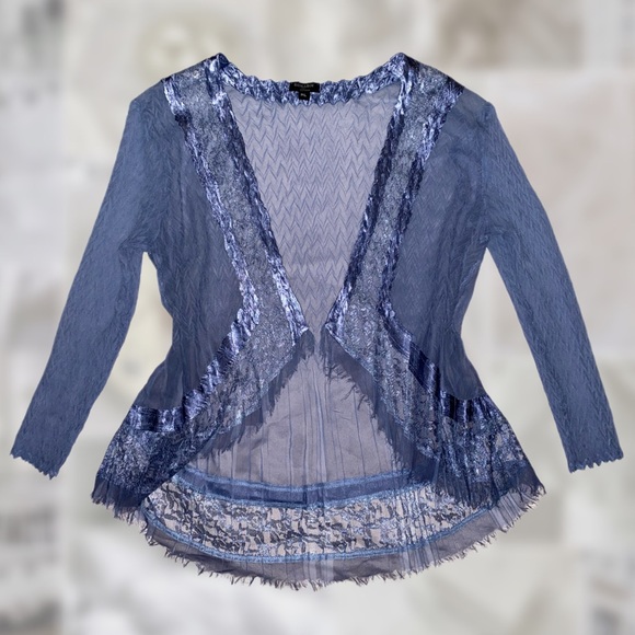 Komarov Sweaters Beautiful Mesh Floral Lace Muted Baby Blue Ruffle